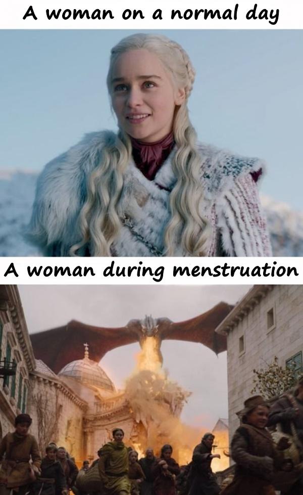 A woman on a normal day. A woman during menstruation.
