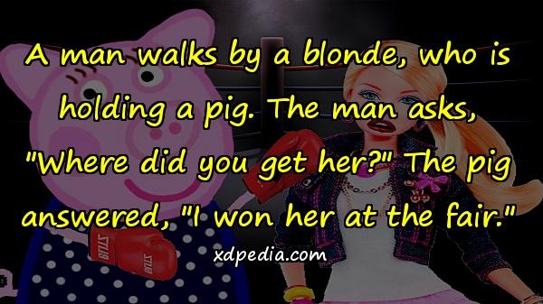 A man walks by a blonde, who is holding a pig. The man asks, 