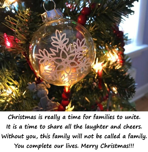 Christmas is really a time for families to unite. It is a time to share all the laughter and cheers. Without you, this family will not be called a family. You complete our lives. Merry Christmas!!!