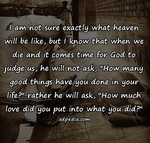 I am not sure exactly what heaven will be like, but I know that when we die and it comes time for God to judge us, he will not ask, 