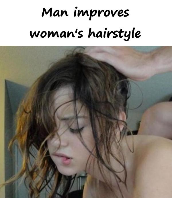 Man improves woman's hairstyle
