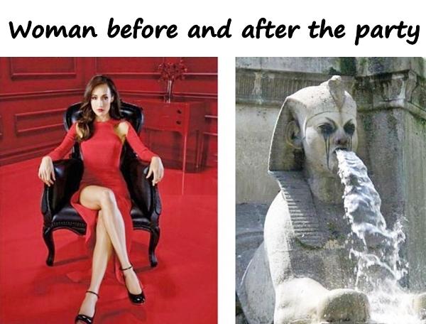 Woman before and after the party